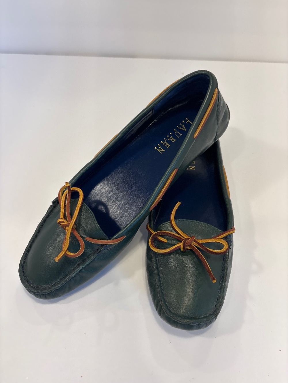 Women’s Lauren Ralph Lauren Dark Green Leather Driving Loafers Shoes 8.5